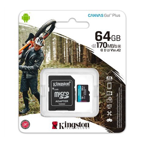 Kingston | microSD | Canvas Go! Plus | 64 GB | MicroSD | Flash memory class 10 | SD Adapter - 3
